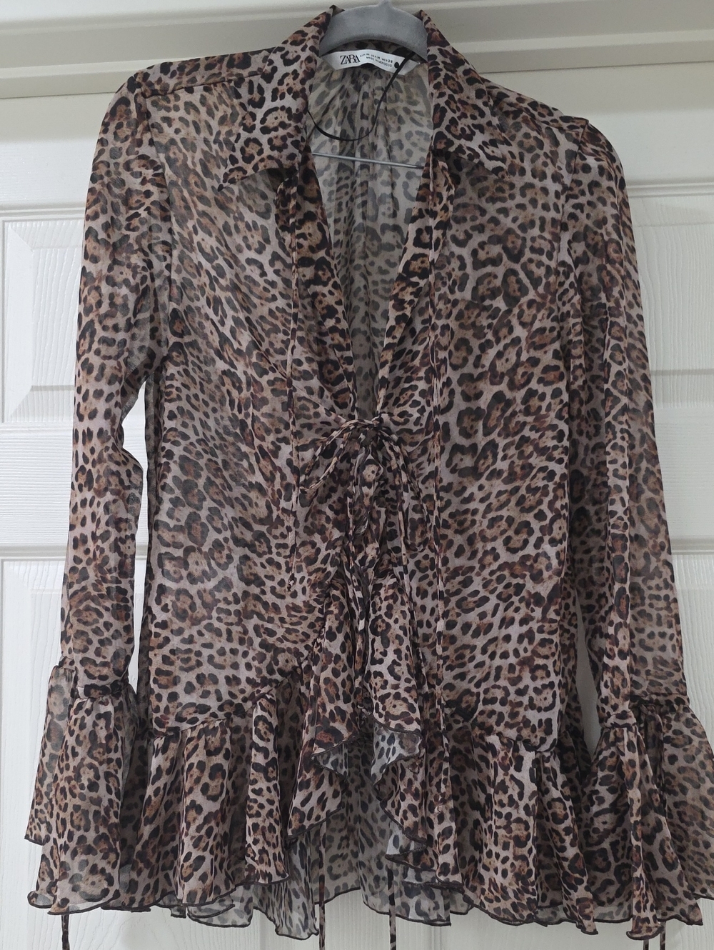 Zara Sheer Leopard-Print Ruffle Blouse - Brown, Black